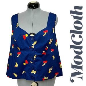 ModCloth Retro Fruit Novelty Print Crop Top 2X Navy Blue Smocked Back Rockabilly